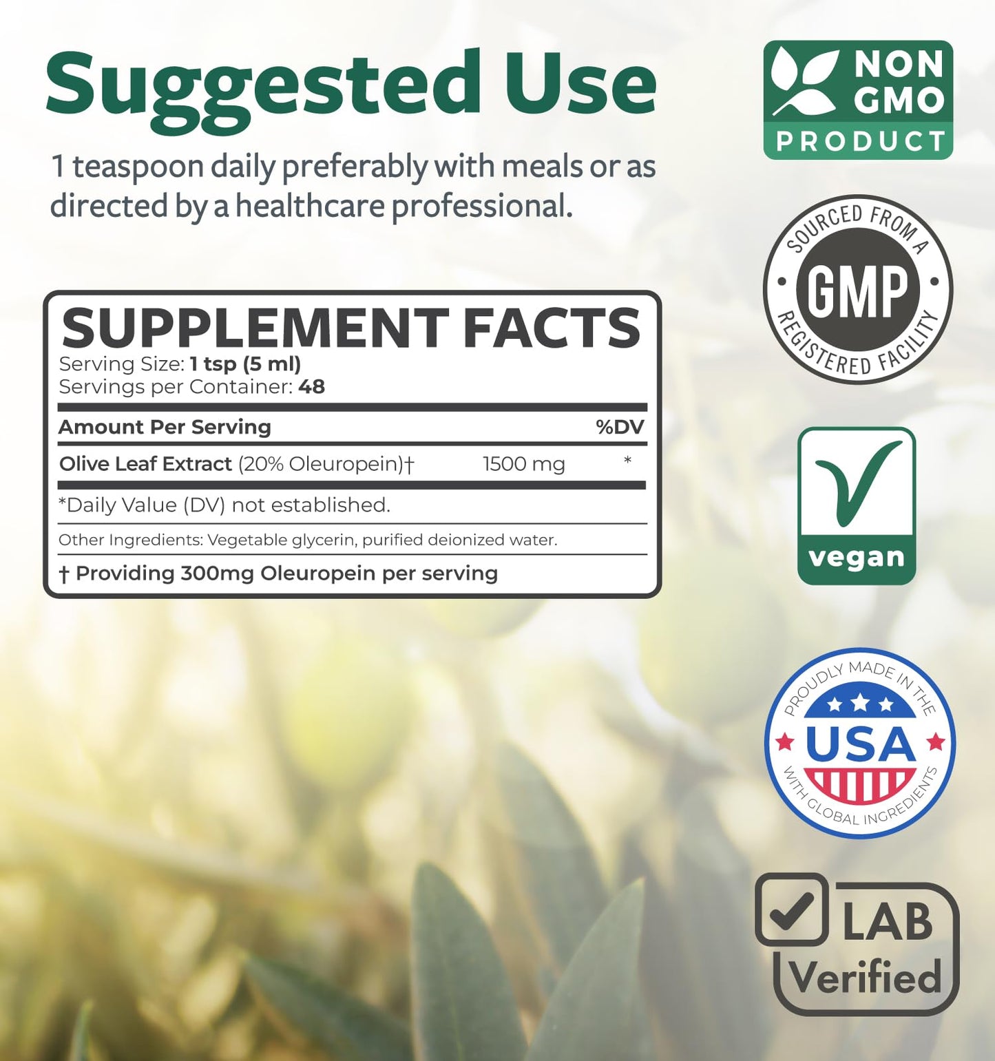 Olive Leaf Extract (Non-GMO) - 1500mg, 20% Oleuropein | Immune Support, Skin Health | Liquid Extract, 8 Fl Oz