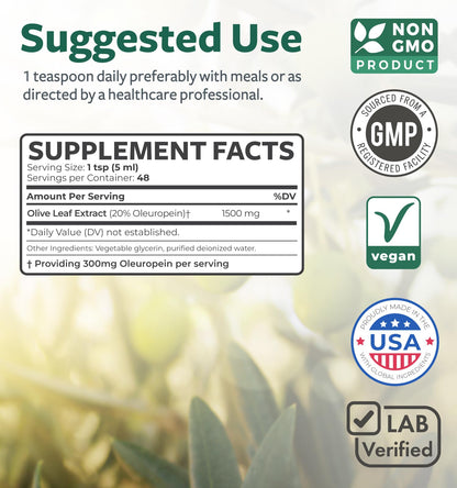 Olive Leaf Extract (Non-GMO) - 1500mg, 20% Oleuropein | Immune Support, Skin Health | Liquid Extract, 8 Fl Oz