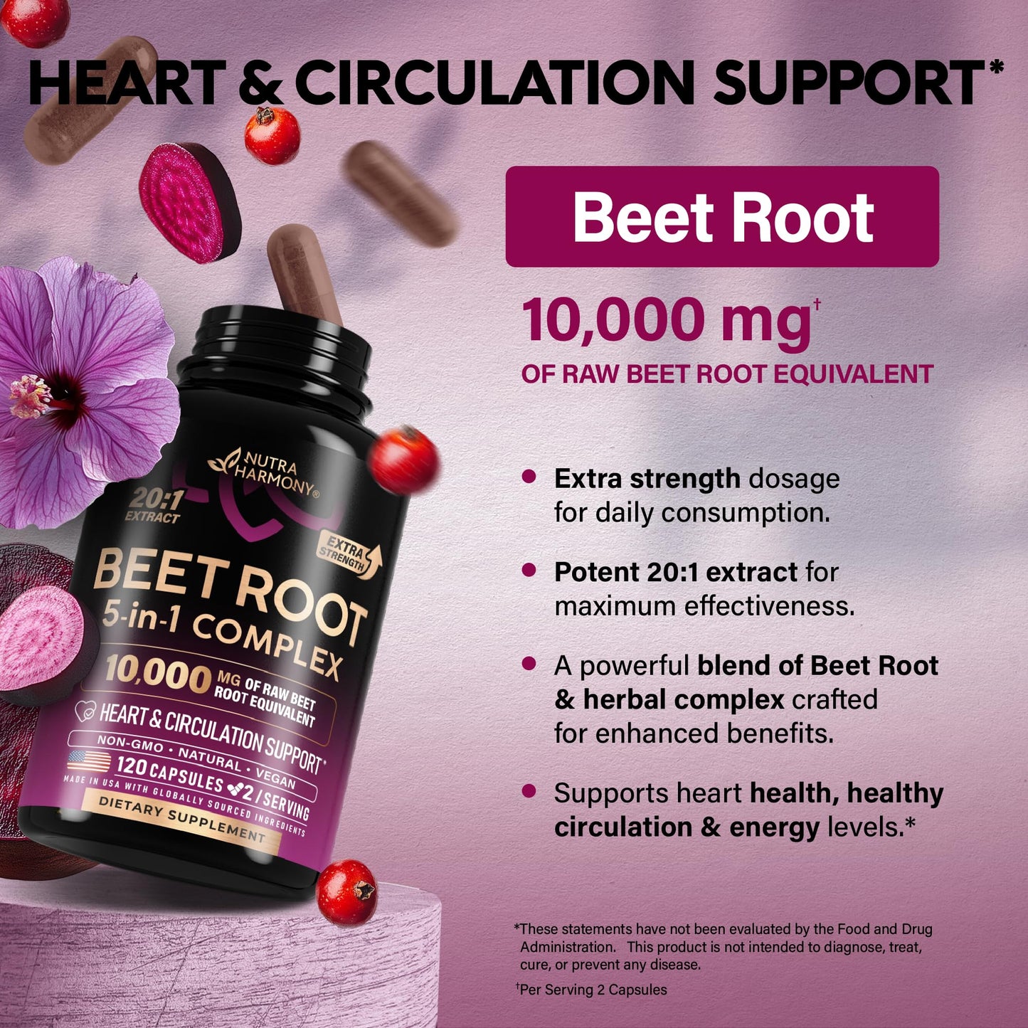 Beet Root Capsules - Heart Health & Blood Pressure Support | Hawthorn Berry, Hibiscus & Garlic - USA Made, 120 Capsules