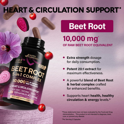 Beet Root Capsules - Heart Health & Blood Pressure Support | Hawthorn Berry, Hibiscus & Garlic - USA Made, 120 Capsules