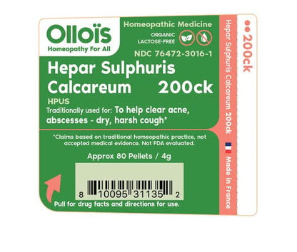 OLLOIS Hepar Sulphuris Calcareum 200ck Organic, Lactose-Free, Kosher Homeopathic Medicine, 80 Pellets (Pack of 3)