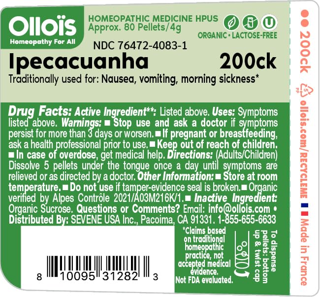 OLLOIS Ipecacuanha 200ck Organic - Vegan Homeopathic Medicine (80 Pellets x3)