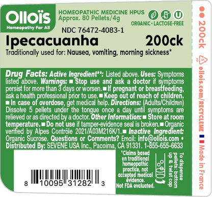 OLLOIS Ipecacuanha 200ck Organic - Vegan Homeopathic Medicine (80 Pellets x3)