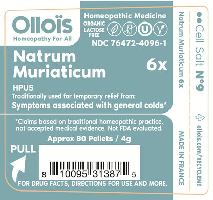 OLLOIS Natrum Muriaticum 6X – Cell Salt #9, Lactose-Free, Organic & Vegan, Kosher Certified | Approx. 80 Pellets (Pack of 1)