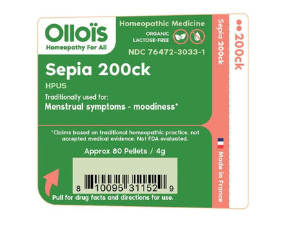 OLLOIS Sepia 200ck Organic, Lactose-Free, Kosher Homeopathic Medicine – 80 Pellets (Pack of 3)