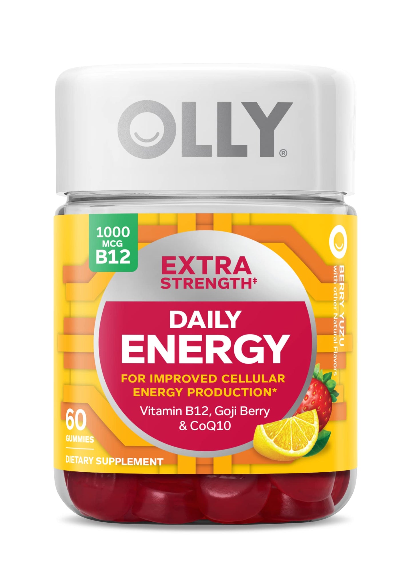 OLLY Extra Strength Daily Energy Gummies – Caffeine Free, 1000mcg B12, CoQ10 (60 ct)