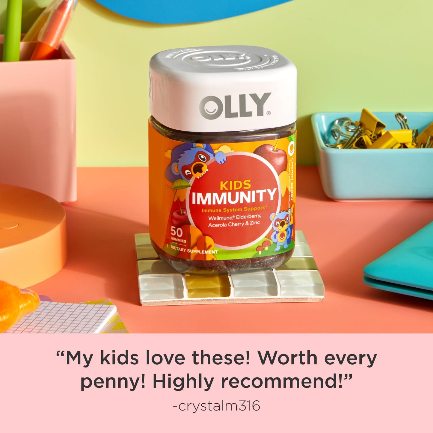 OLLY Kids Immunity Gummy – Immune Support with Wellmune, Vitamin C, Zinc (Cherry, 50 Count)