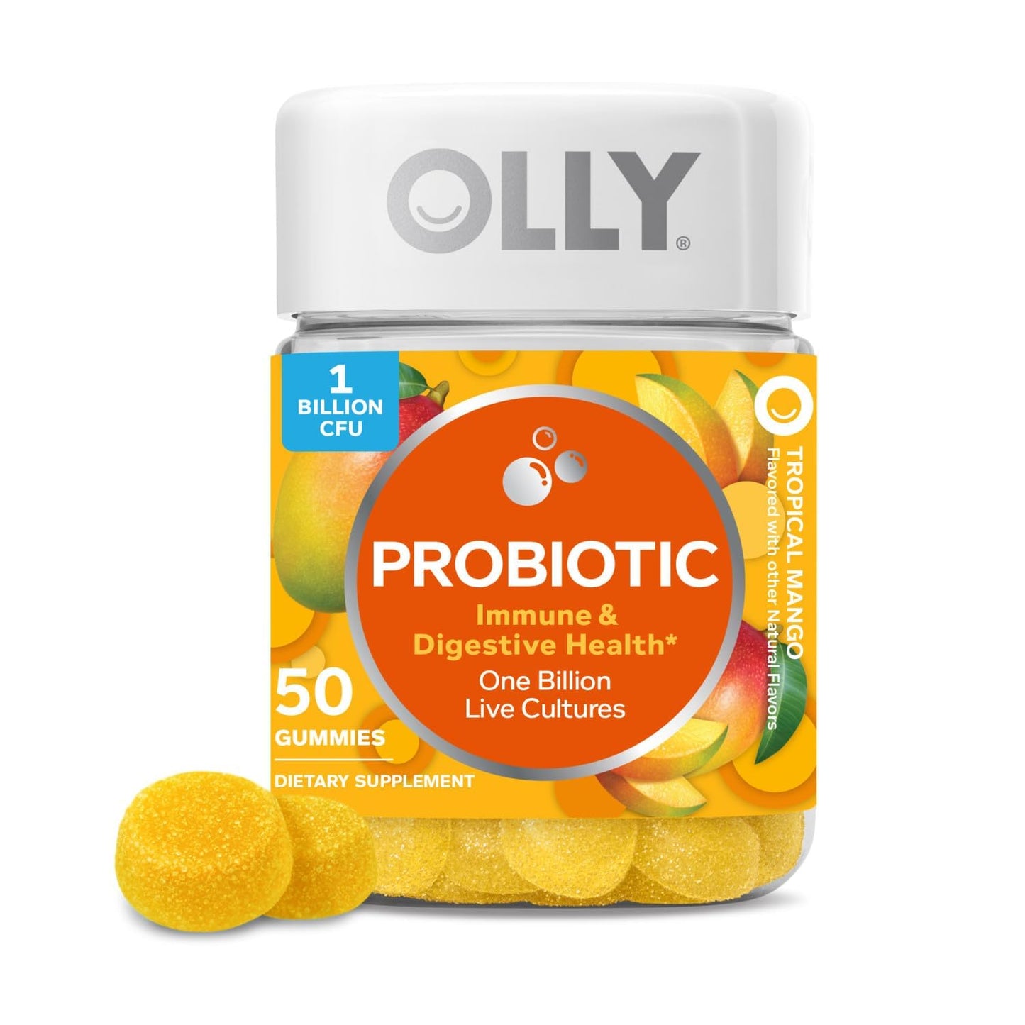 OLLY Probiotic Gummy Tropical Mango – 1B CFUs, Immune & Digestive Support, 50 Count