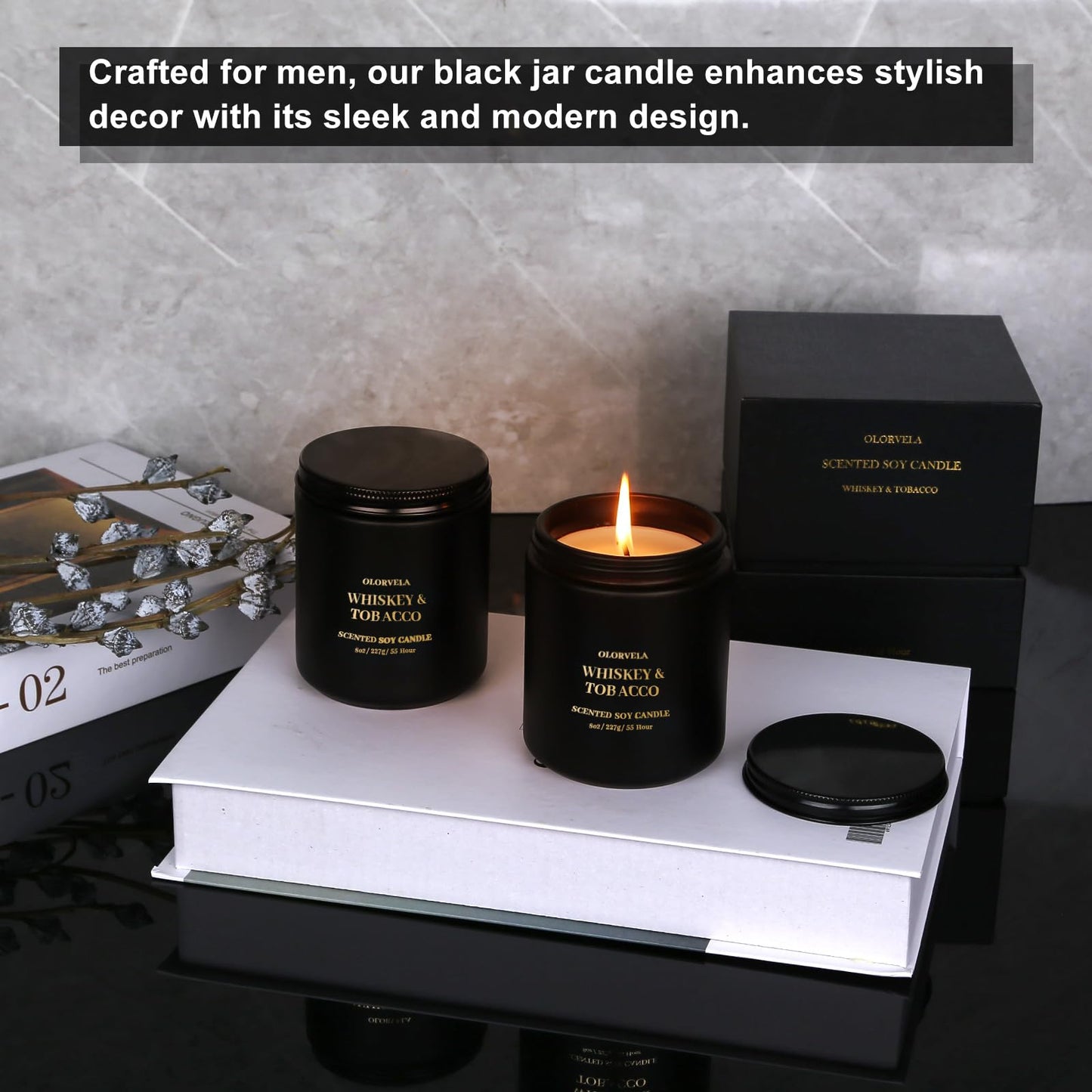 olorvela Scented Candles for Men — 8oz, 50-Hour Burn, Summer Hill & Amber Wood, Giftable Black Jar