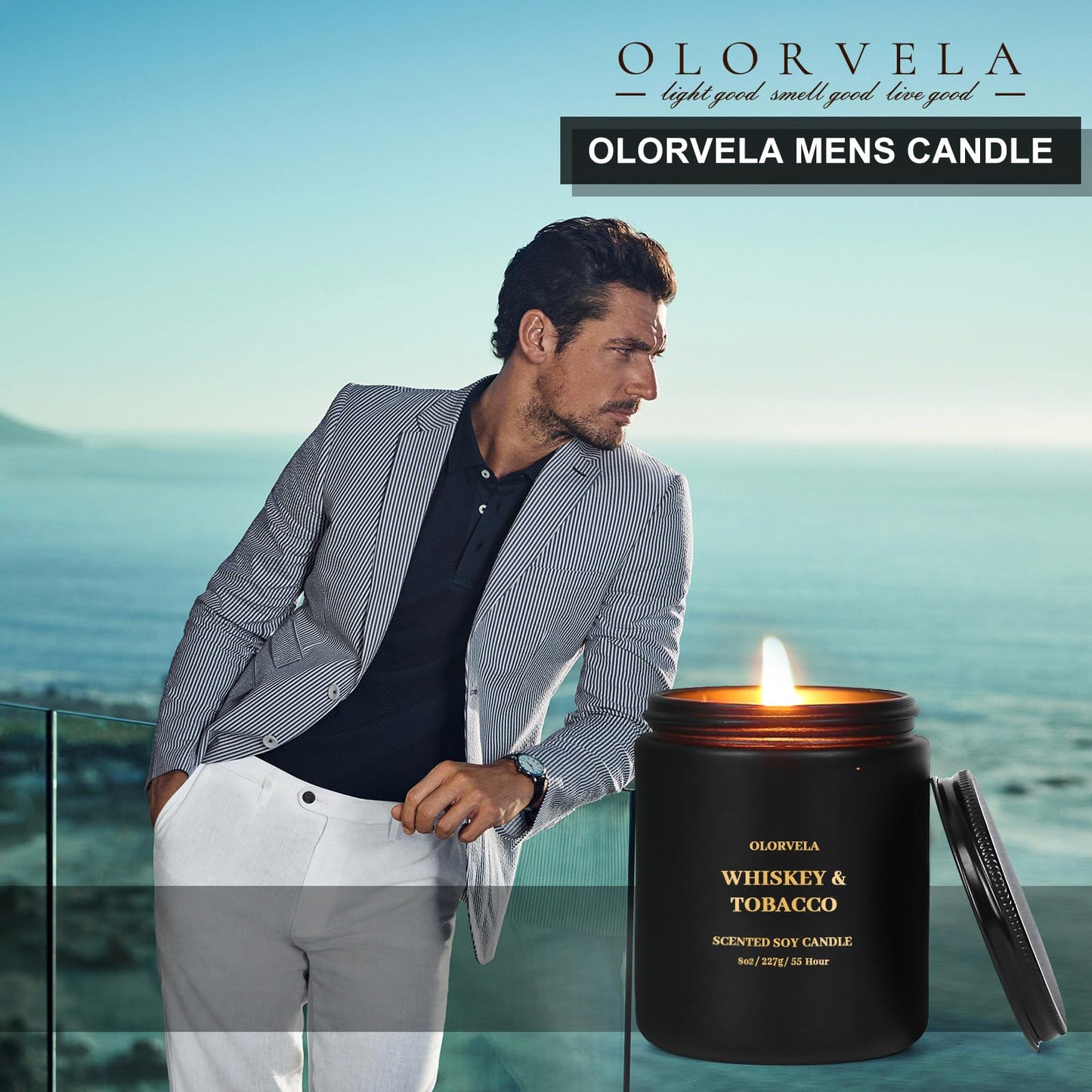 olorvela Scented Candles for Men — 8oz, 50-Hour Burn, Summer Hill & Amber Wood, Giftable Black Jar