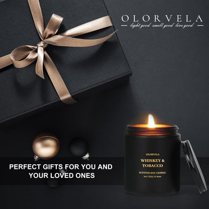 olorvela Scented Candles for Men — 8oz, 50-Hour Burn, Summer Hill & Amber Wood, Giftable Black Jar