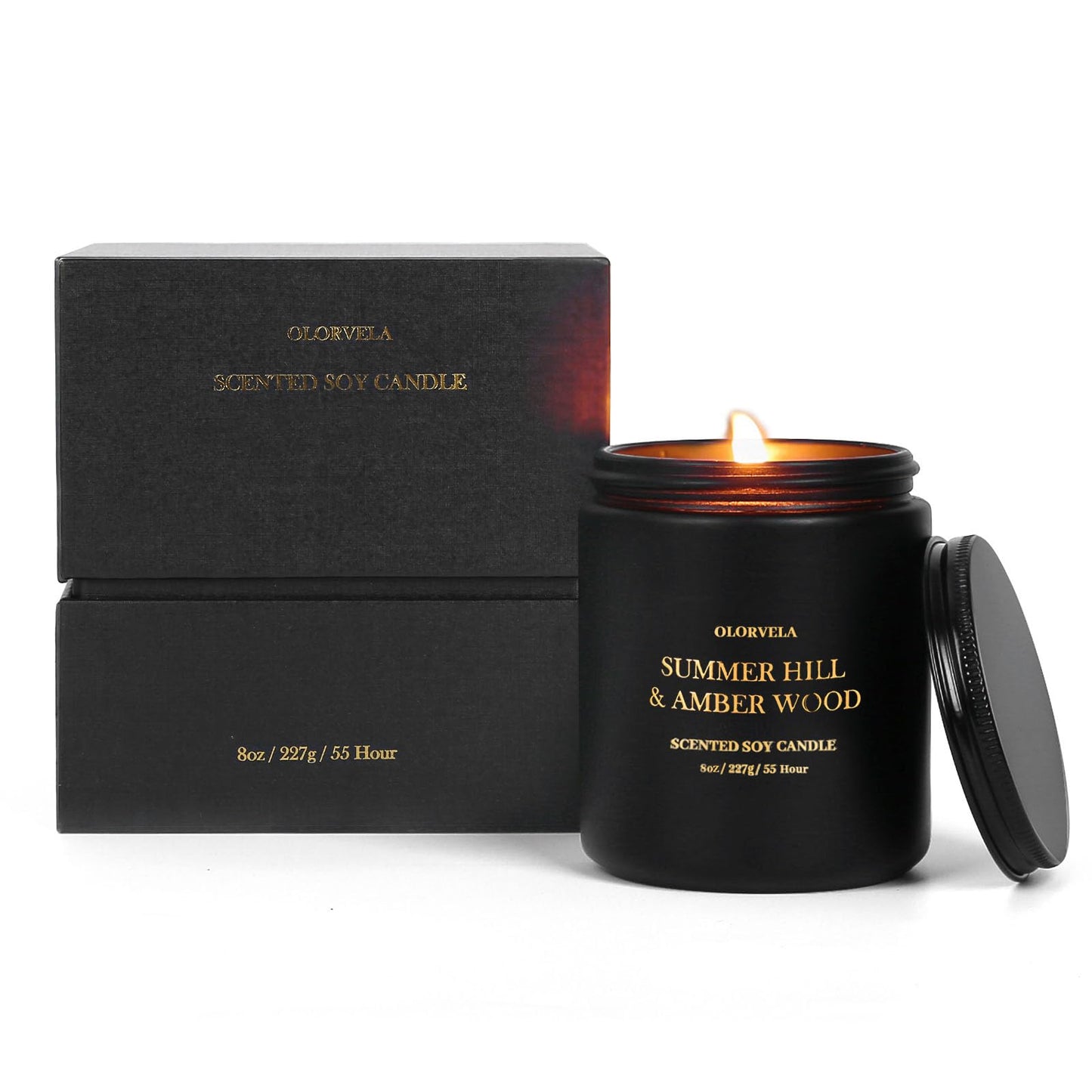 olorvela Scented Candles for Men — 8oz, 50-Hour Burn, Summer Hill & Amber Wood, Giftable Black Jar