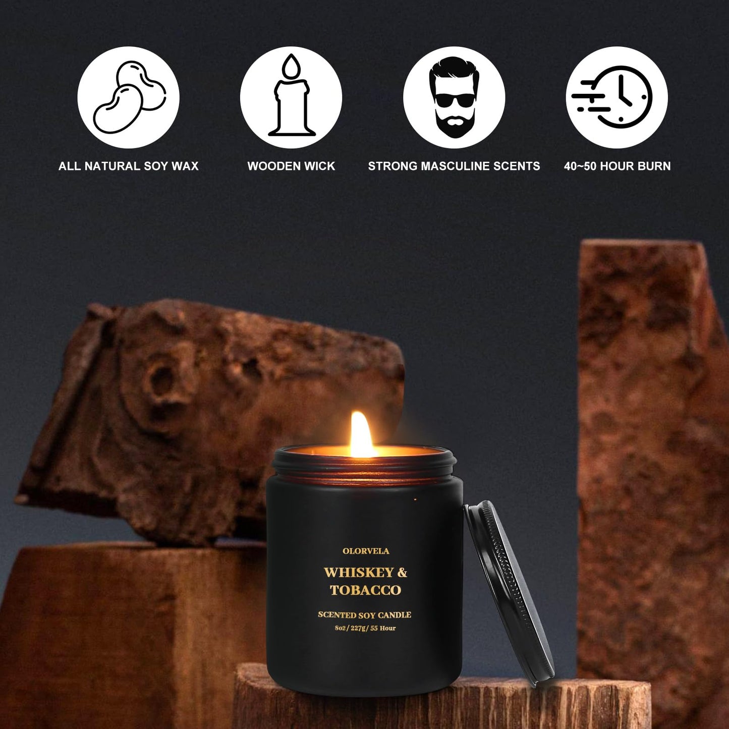 olorvela Scented Candles for Men — 8oz, 50-Hour Burn, Summer Hill & Amber Wood, Giftable Black Jar
