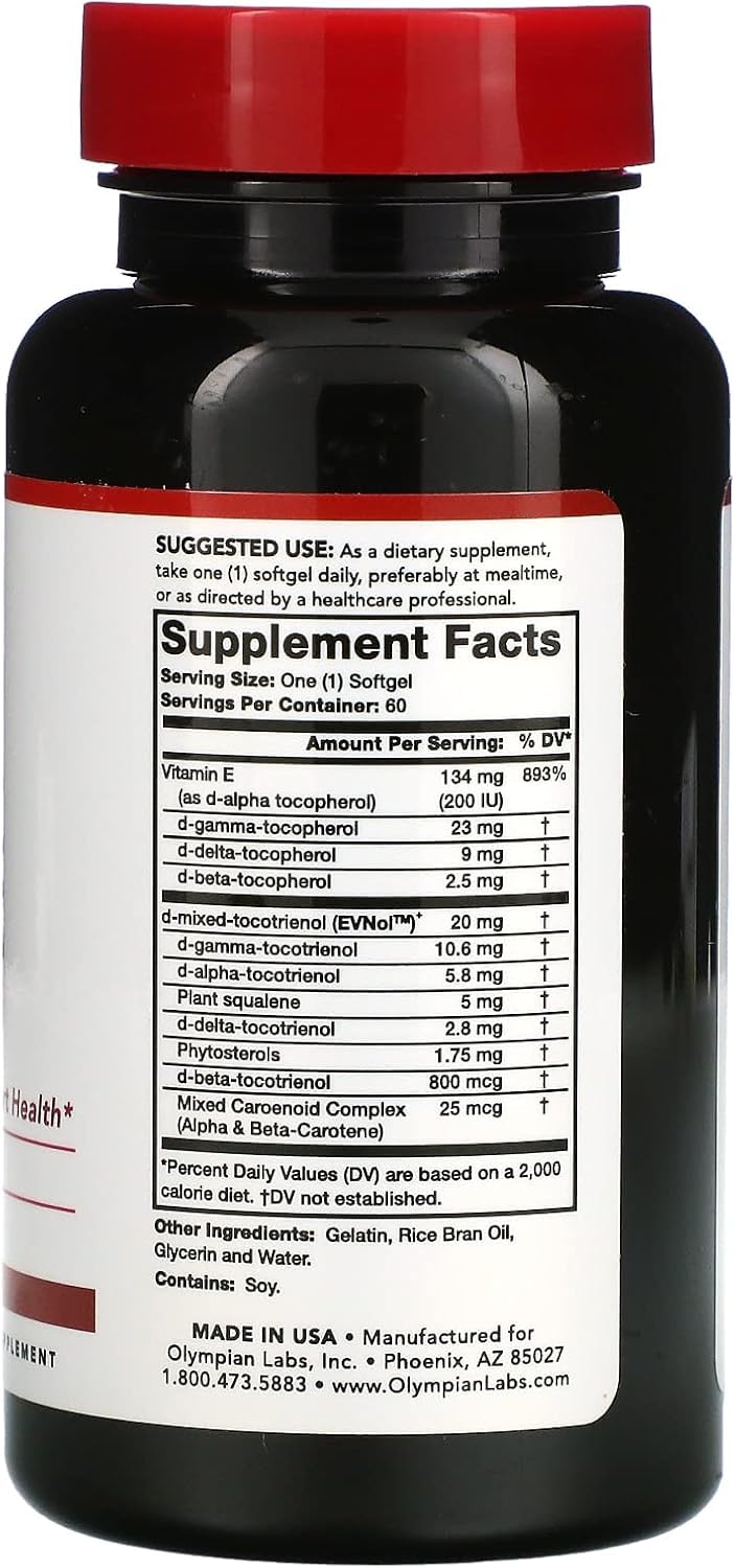 Olympian Labs Vitamin E Complete Tocomin 200IU – 60 Softgels | Supports Brain, Skin & Hair