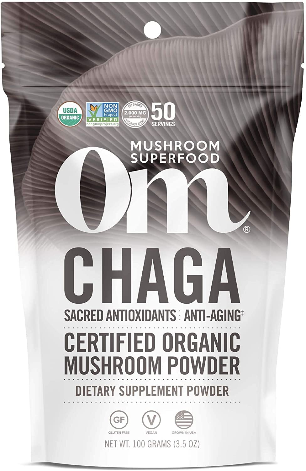 Om Mushroom Superfood Chaga Organic Mushroom Powder – 3.5 oz, 50 Servings, USA Grown | Antioxidants & Immune Support