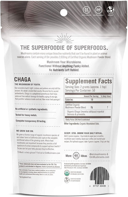 Om Mushroom Superfood Chaga Organic Mushroom Powder – 3.5 oz, 50 Servings, USA Grown | Antioxidants & Immune Support