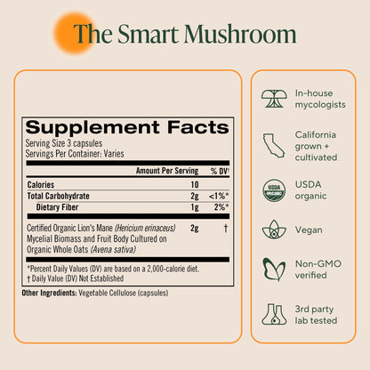 Om Lion’s Mane Mushroom Capsules – Organic Nootropic for Memory & Focus | 90 Count (30 Servings)
