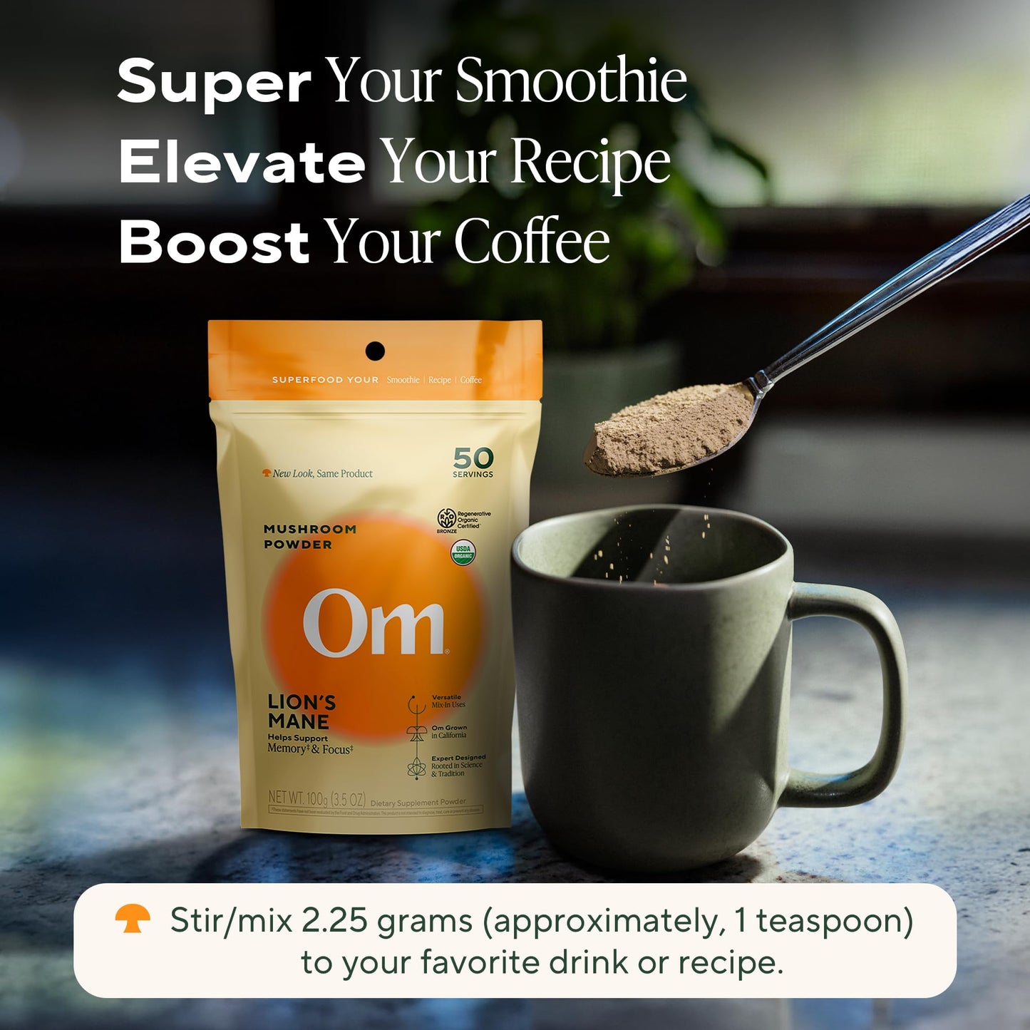 Om Lion's Mane Mushroom Powder – Organic Nootropic Supplement for Memory, Focus & Nerve Health | 3.5 oz (50 Servings)