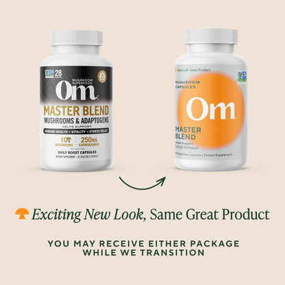 Om Master Blend Mushroom Capsules – Organic 10-Mushroom Formula + Ashwagandha, 84 Count (28 Servings)
