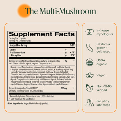 Om Master Blend Mushroom Capsules – Organic 10-Mushroom Formula + Ashwagandha, 84 Count (28 Servings)