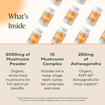 Om Master Blend Mushroom Capsules – Organic 10-Mushroom Formula + Ashwagandha, 84 Count (28 Servings)
