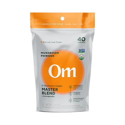Om Master Blend Mushroom Powder – Organic 10 Mushrooms + Ashwagandha | Immunity, Gut Health & Stress Relief | 3.17 oz (40 Servings)
