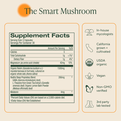 OM Mushroom Sleep Capsules - Reishi, GABA, L-Theanine, Melatonin | 90 Count