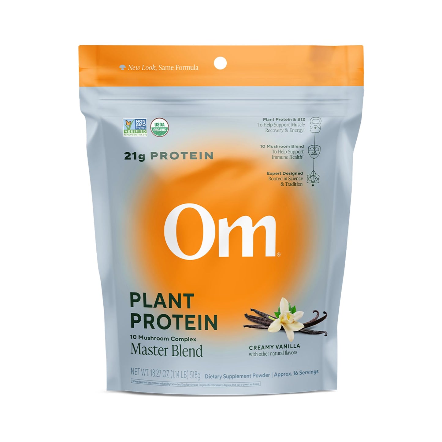 OM Mushroom Superfood Master Blend Vegan Protein - Creamy Vanilla, 1.2 lb (16 Servings) with 10 Mushrooms, Ashwagandha, BCAAs and B12