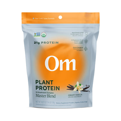 OM Mushroom Superfood Master Blend Vegan Protein - Creamy Vanilla, 1.2 lb (16 Servings) with 10 Mushrooms, Ashwagandha, BCAAs and B12