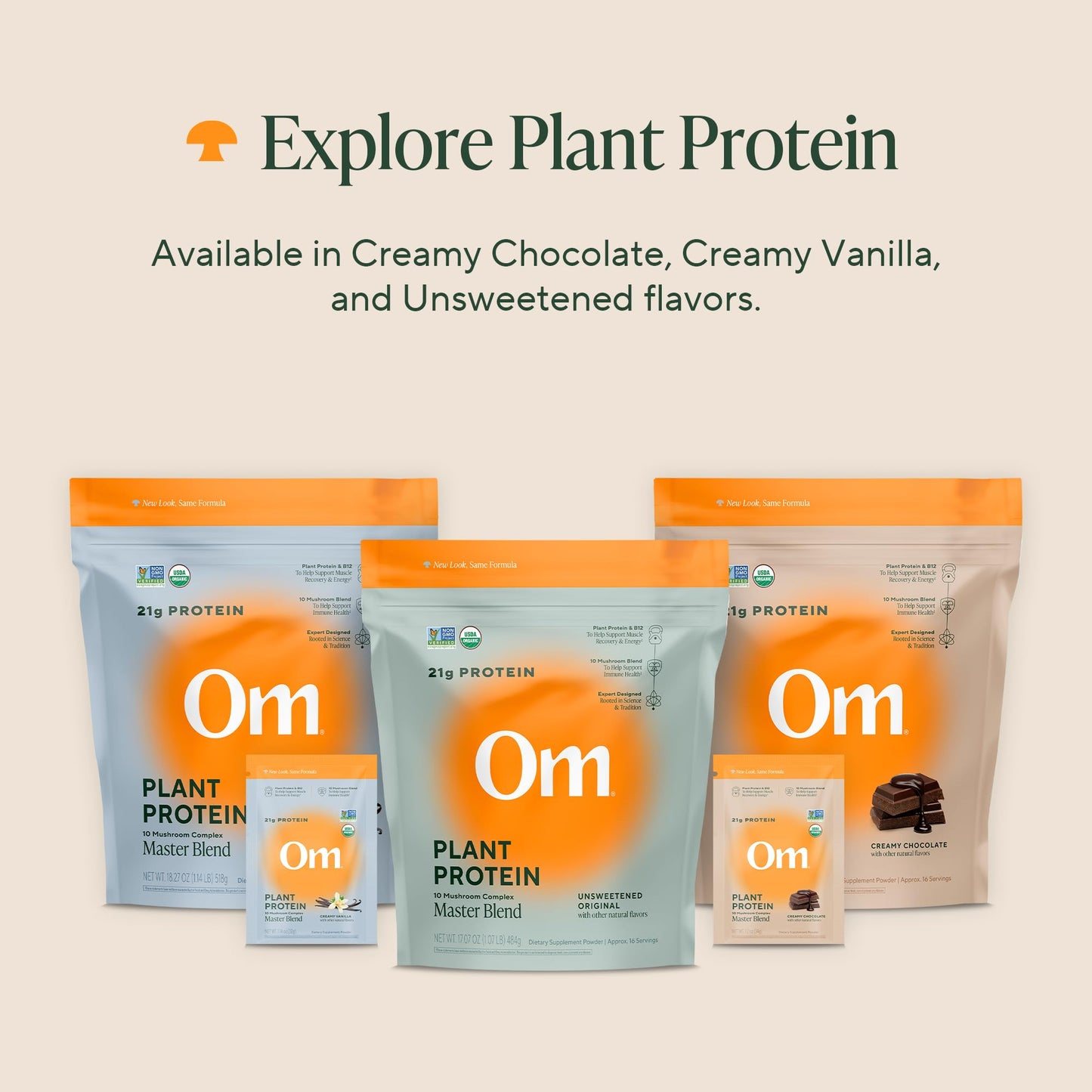 OM Mushroom Superfood Master Blend Vegan Protein - Creamy Vanilla, 1.2 lb (16 Servings) with 10 Mushrooms, Ashwagandha, BCAAs and B12