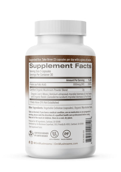 OM Mushroom Superfood Brain Fuel Capsules – Lion's Mane & Reishi Blend, 90 Count | Mental Clarity & Nerve Support