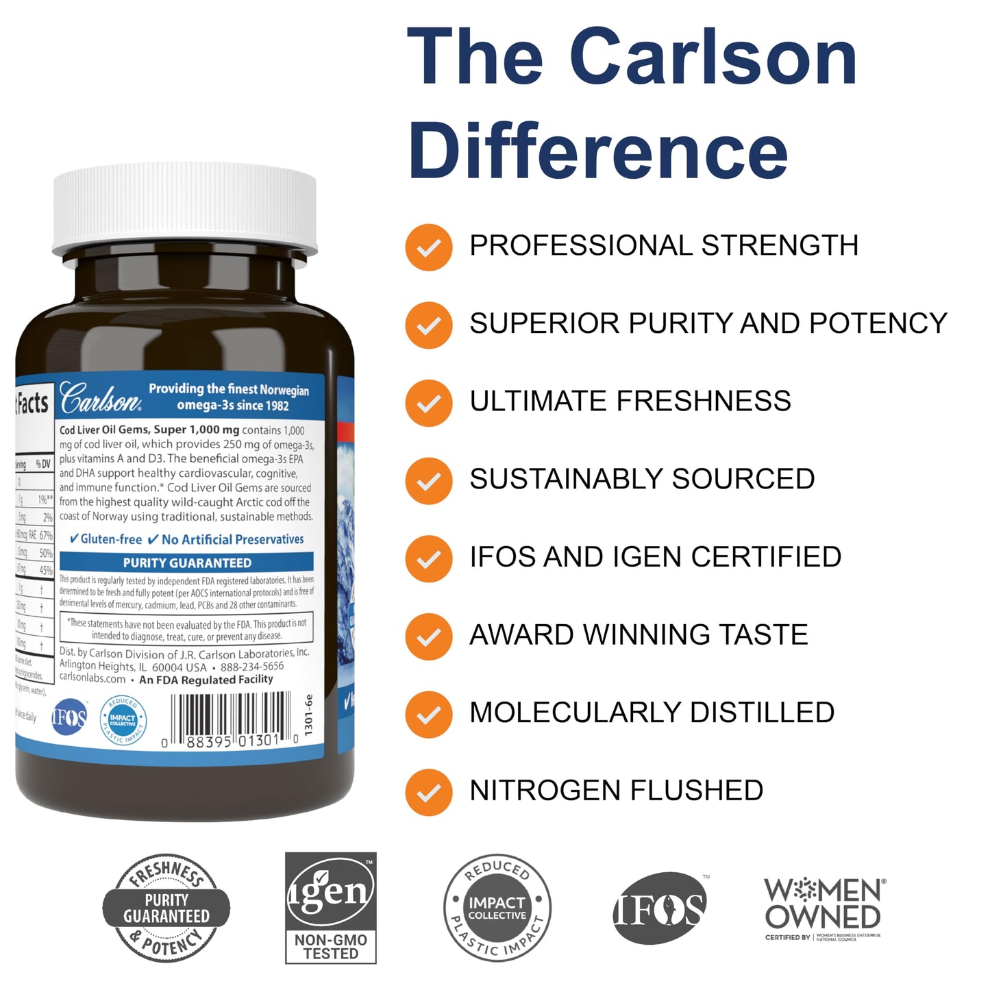 Carlson Cod Liver Oil 1000 mg + Vitamins A & D3 | Wild Norwegian, Sustainably Sourced | 100 Softgels