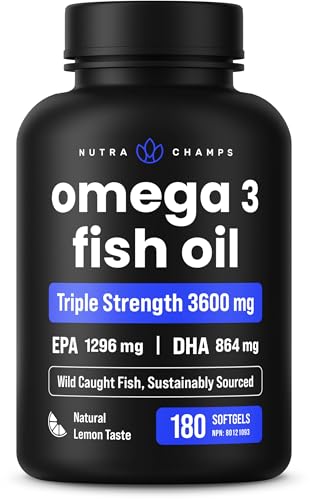 Triple Strength Omega-3 Fish Oil 3600 mg | 180 Softgels | Burpless, Wild-Caught | EPA & DHA | Lemon Flavor