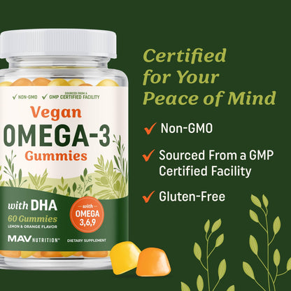 Omega 3-6-9 + DHA Gummies | Plant-Based Triple Omegas | 60 Gummies | Vegetarian