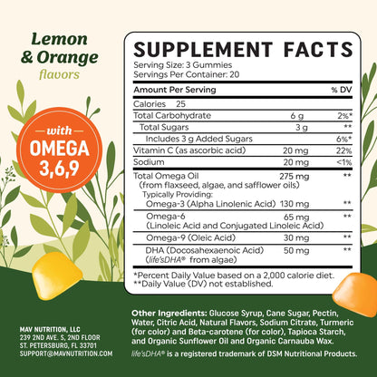 Omega 3-6-9 + DHA Gummies | Plant-Based Triple Omegas | 60 Gummies | Vegetarian