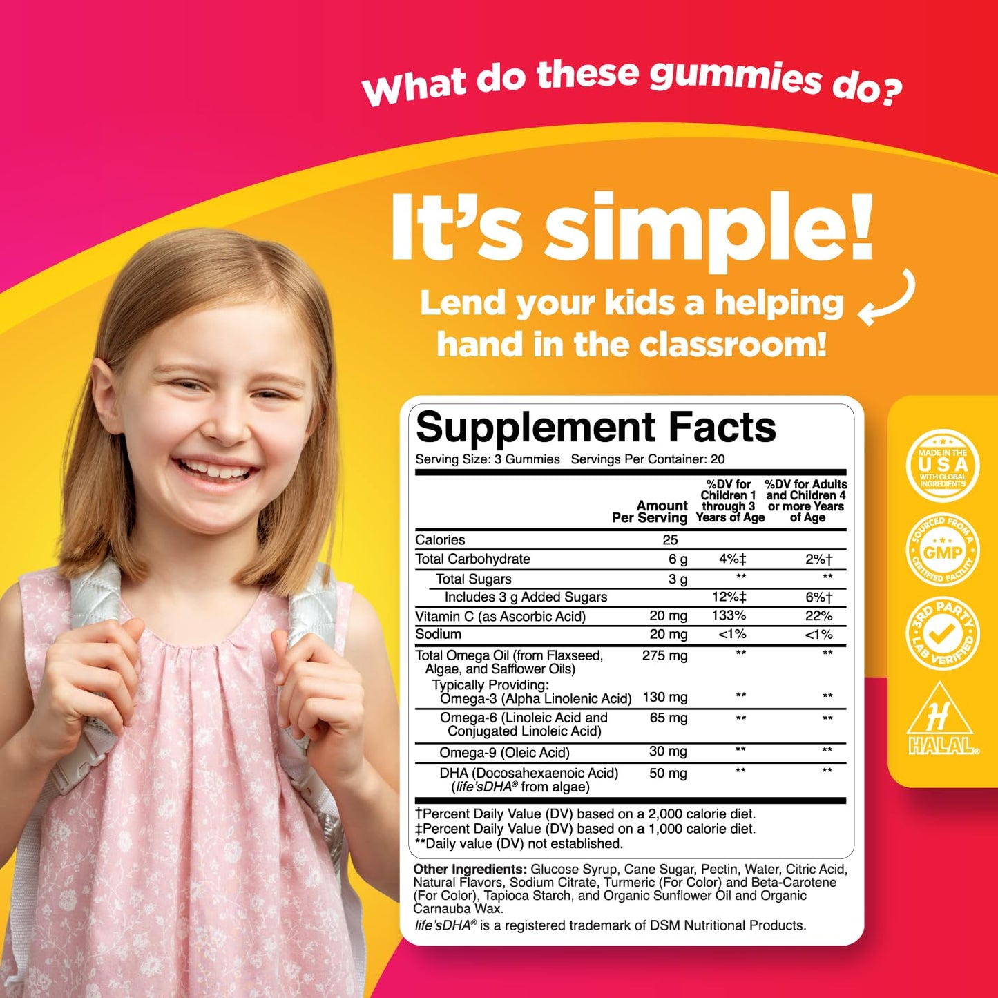 Kids Omega DHA Gummies - Fatty Acids Omega 3 6 9 with Vitamin C for Brain, Immunity & Vision - Nutritional DHA for Kids for Healthy Nervous System & Focus Support - Fish Free & Vegan - 60 Chews