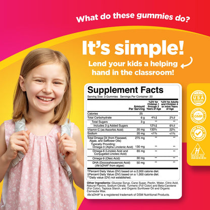 Kids Omega DHA Gummies - Fatty Acids Omega 3 6 9 with Vitamin C for Brain, Immunity & Vision - Nutritional DHA for Kids for Healthy Nervous System & Focus Support - Fish Free & Vegan - 60 Chews