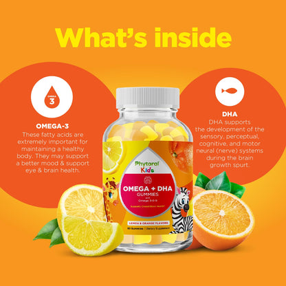 Kids Omega DHA Gummies - Fatty Acids Omega 3 6 9 with Vitamin C for Brain, Immunity & Vision - Nutritional DHA for Kids for Healthy Nervous System & Focus Support - Fish Free & Vegan - 60 Chews