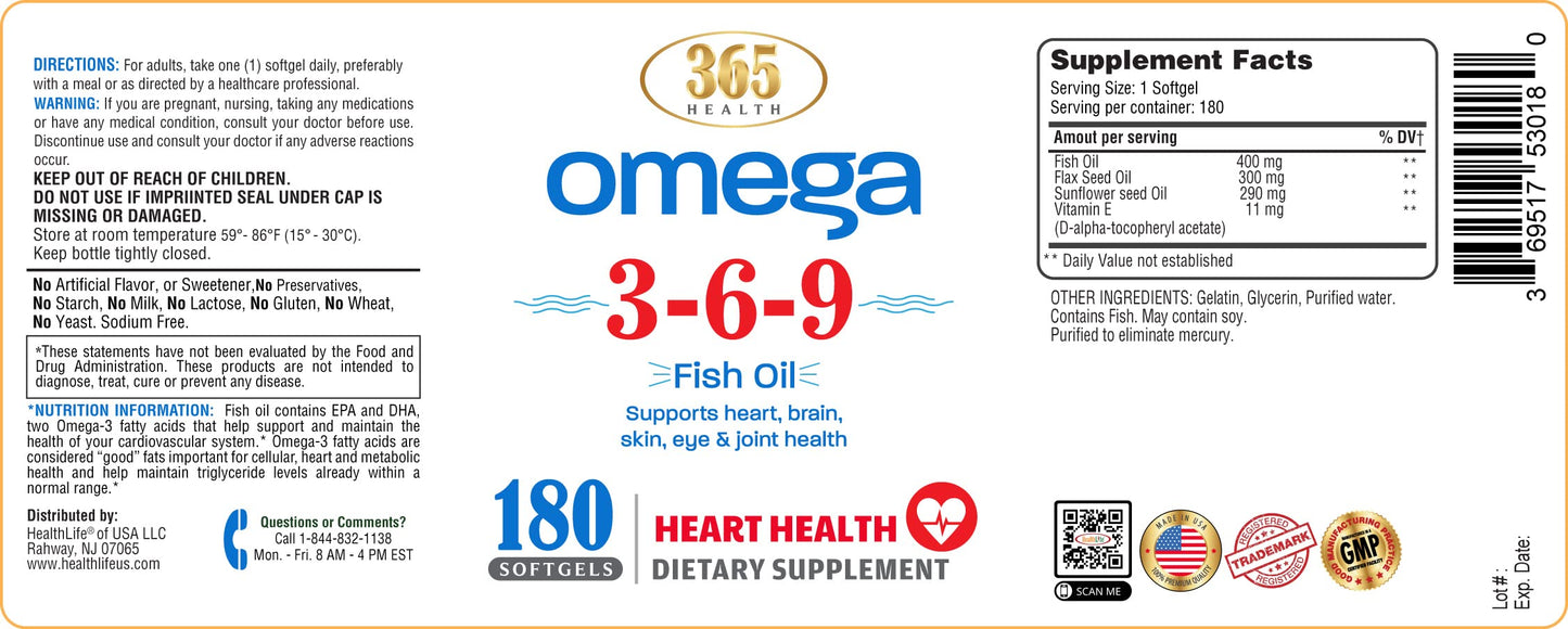 365 Health Omega 3-6-9 180 Softgels – from Fish, Flaxseed & Borage Oils – Non-GMO & Gluten Free (Pack of 2)