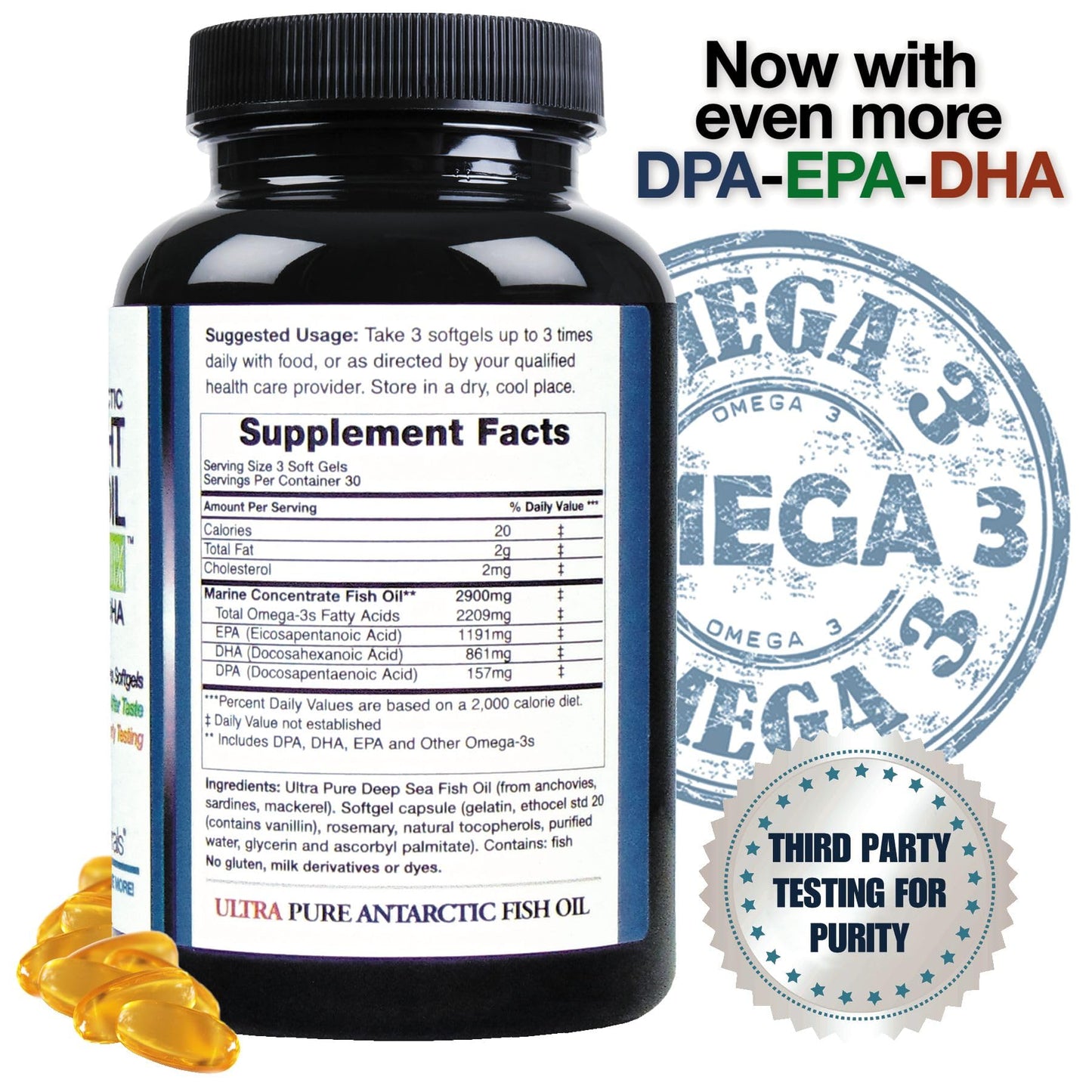 Wild Caught Omega-3 DPA Fish Oil - 2900 mg (90 SoftGels) | Triple-Strength Burp-Free