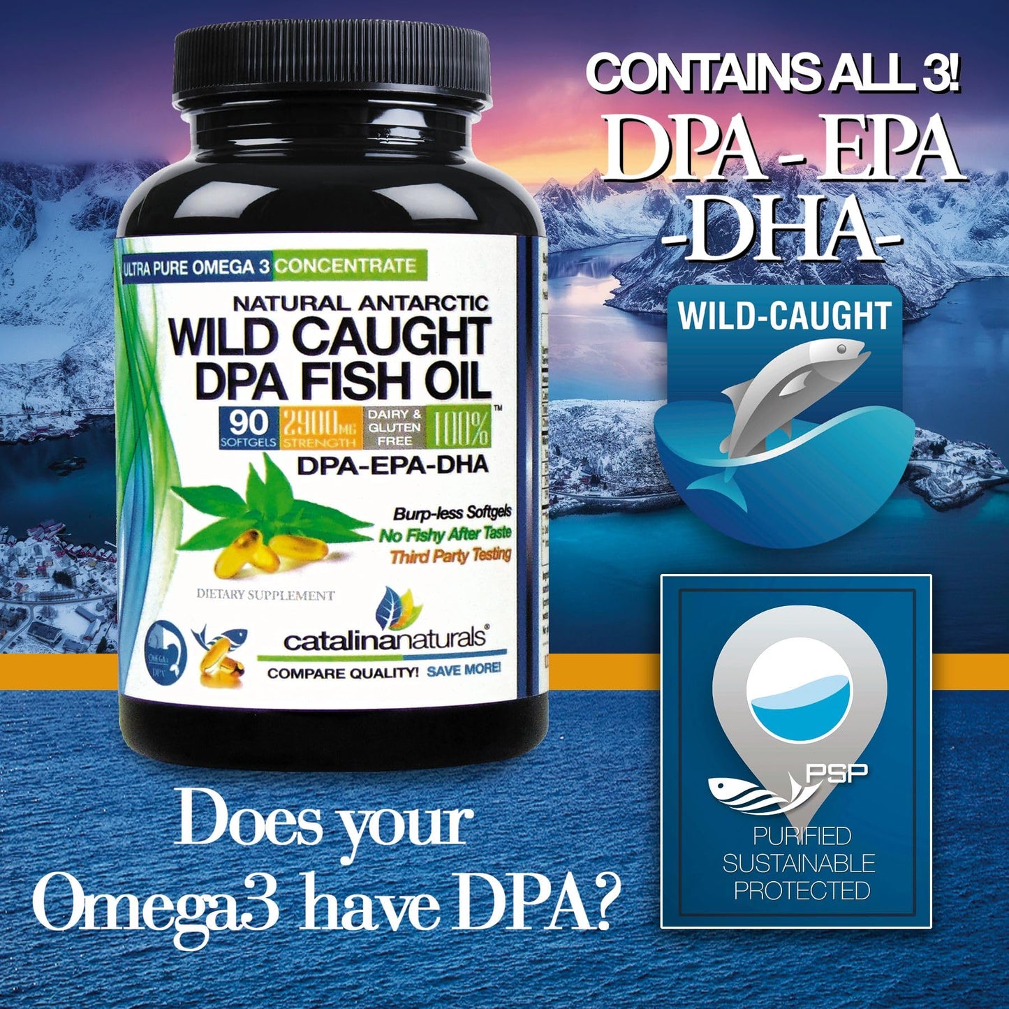 Wild Caught Omega-3 DPA Fish Oil - 2900 mg (90 SoftGels) | Triple-Strength Burp-Free