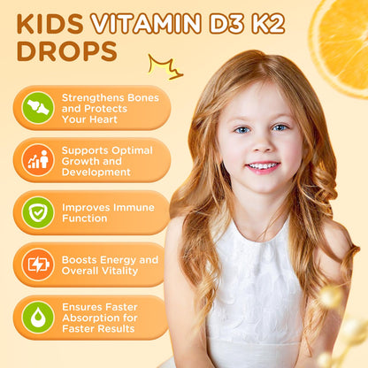 Vitamin D3 K2 Drops for Kids – Vegan Non-GMO Orange 2oz | Supports Calcium Absorption, Bones, Brain & Immunity