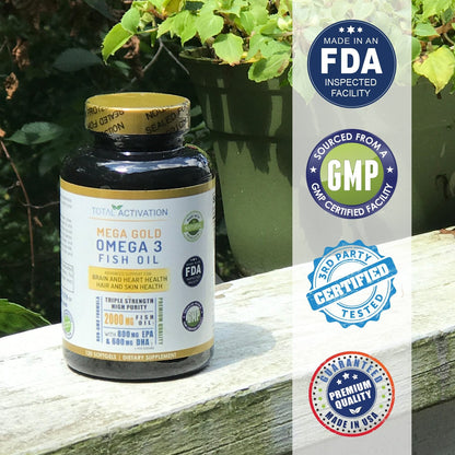 Omega 3 Fish Oil Supplement – 2000mg with EPA DHA & Vitamin E – Burpless, Triple Strength Support for Men & Women – 120 Easy Swallow Softgels