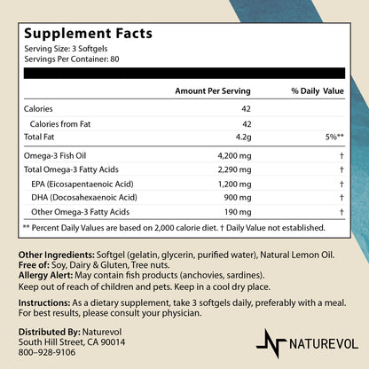 Triple Strength Omega-3 Fish Oil 4200mg – Burpless, Wild-Caught, Lemon | 240 Softgels