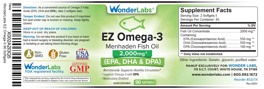 Atlantic Menhaden Fish Oil Omega-3 2000 mg – Burpless, USA Made, EPA DHA DPA 90 Softgels