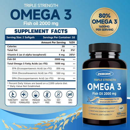 Triple Strength Omega-3 Fish Oil 2000mg with Vitamin E – High Potency EPA, DHA & DPA | 100 Softgels
