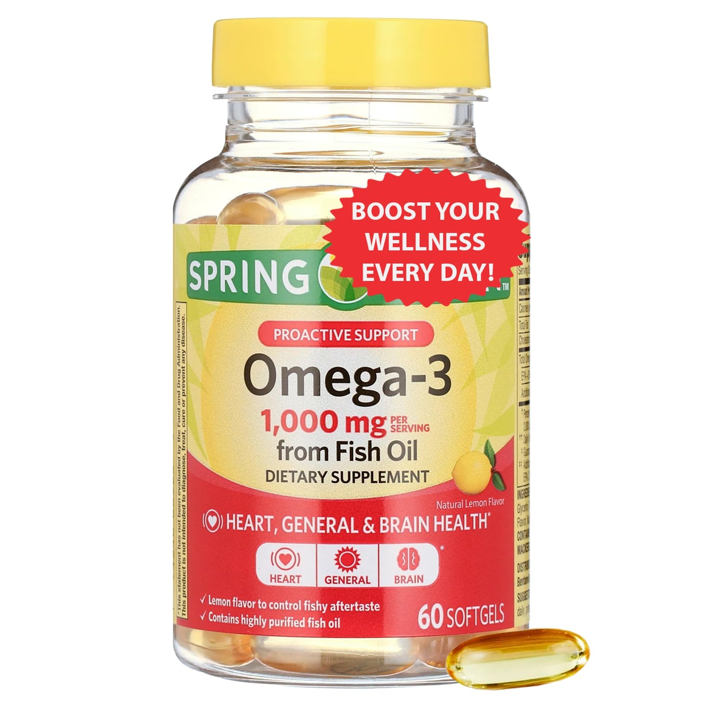 Omega-3 Fish Oil 1000mg Softgels – 60 Count – Brain & Immune Support – Lemon Flavor