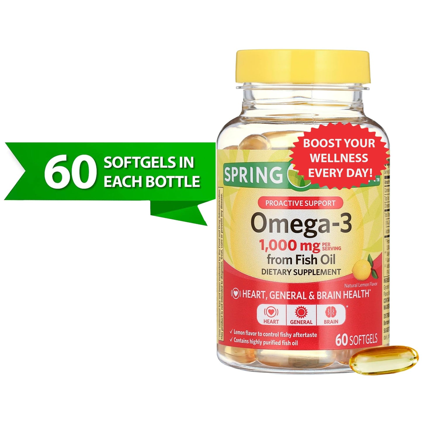 Omega-3 Fish Oil 1000mg Softgels – 60 Count – Brain & Immune Support – Lemon Flavor