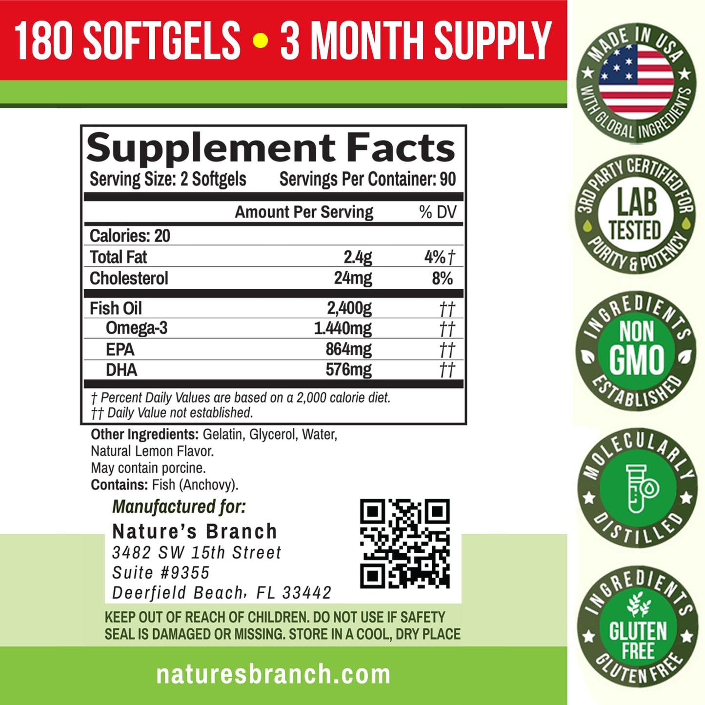 Triple Strength Omega-3 Fish Oil Pills — 180 Softgels, 2400mg, Burpless Lemon