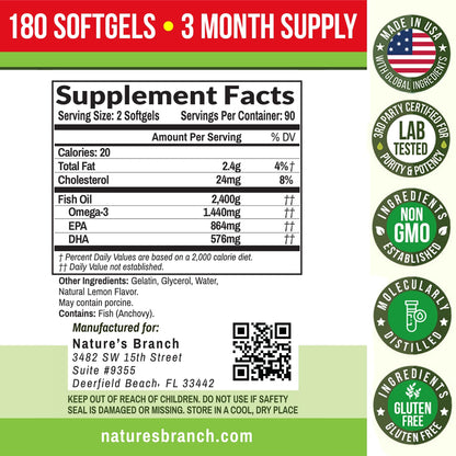 Triple Strength Omega-3 Fish Oil Pills — 180 Softgels, 2400mg, Burpless Lemon